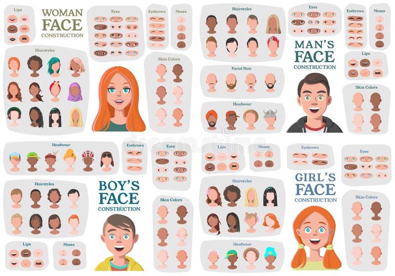 Woman, Man, Girl, Boy Character Constructors. From Housewife to Hipster. Cartoon Woman Face Parts Creation Spare Parts. Cartoon Style Faces. Body Part. Vector Illustration. Woman, Man, Girl, Boy Character Constructors. From Housewife to Hipster. Cartoon Woman Face Parts Creation Spare Parts. Cartoon Style Faces. Body Part. Vector Illustration